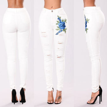 White Embroidery Flowers Holes Slim Low Waist Long Jeans