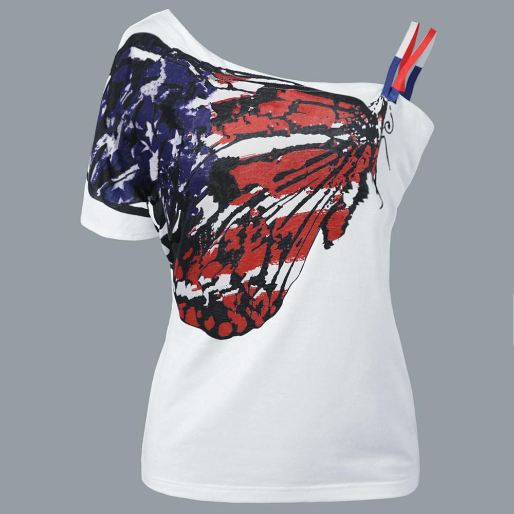 Print One Shoulder Short Sleeves T-shirt