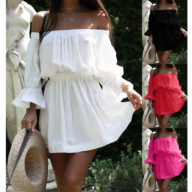 Off Shoulder Trumpet Half Sleeves Pure Color Short Dress