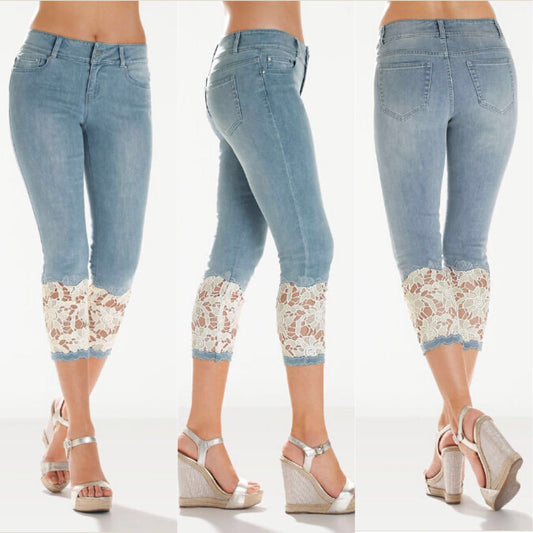 Solid Color with Lace Patchwork 3/4 Length Jeans Denim Pants