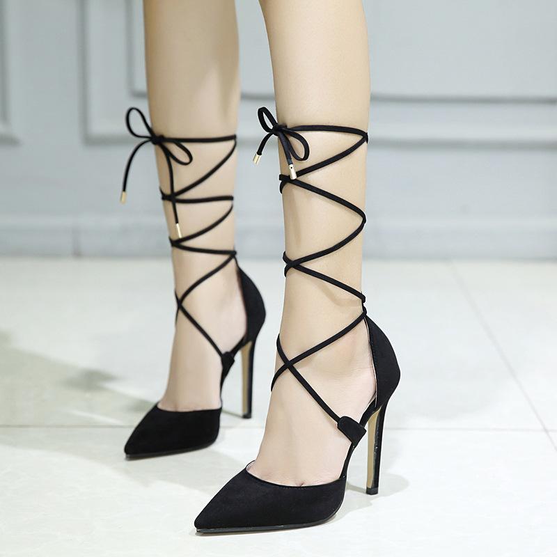 Suede Stiletto Heel Pointed Toe Lace Up Ankle Strap High Heels