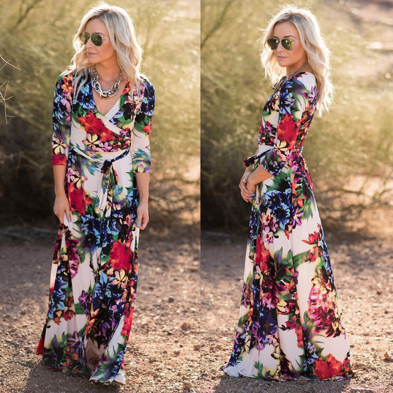 Floral Print V-neck 3/4 Sleeves Long Dress