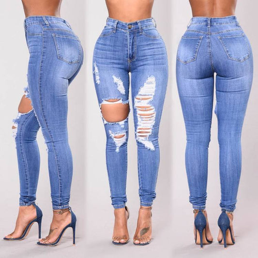 Solid Color High Waist Cut Out Holes Long Skinny Pants Jeans