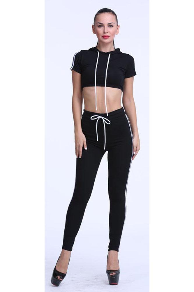 Splicing Hooded Crop Top with Skinny Pants Two Pieces Set