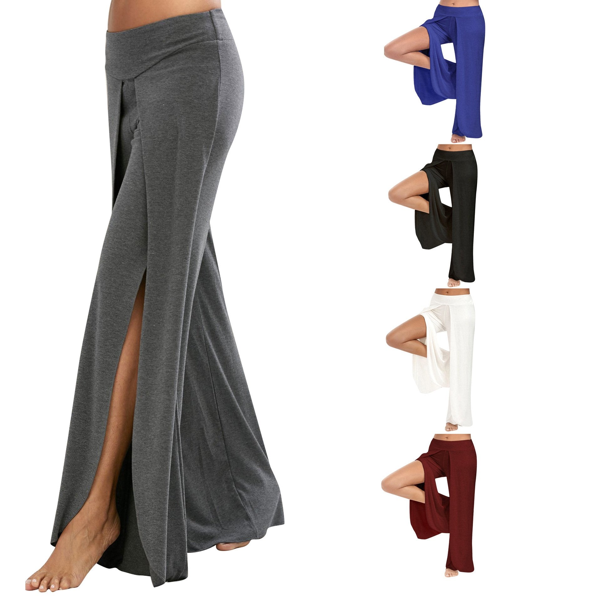 Elastic Pure Color Split Loose Wide-Leg Yoga Long Pants