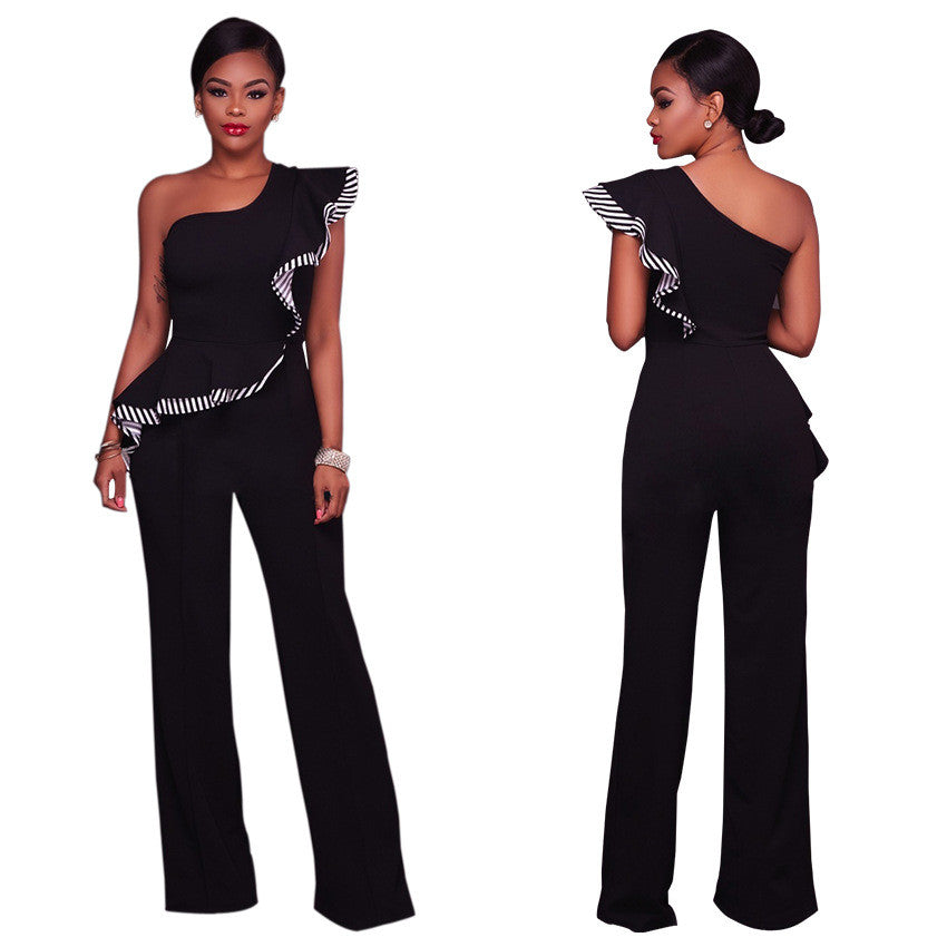 Pure Color One Shoulder Ruffles Wide-legs Long Jumpsuit