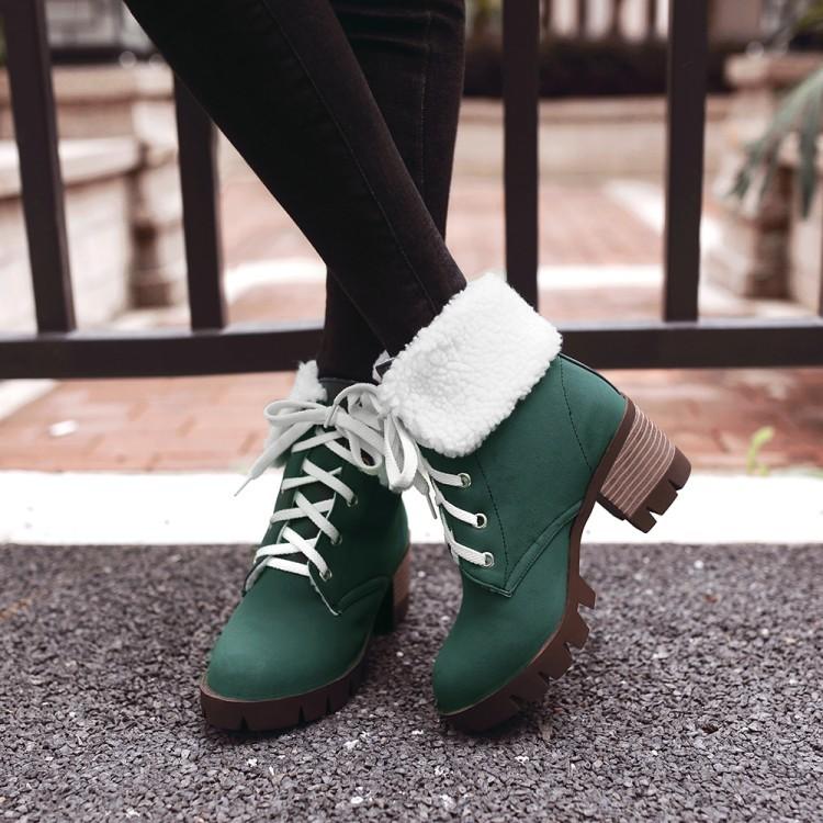 Curled Edge Lace Up Round Toe Low Chunky Heels Short Boots