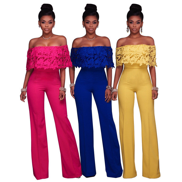 Off Shoulder Ruffles Sleeves Pure Color Long Jumpsuit