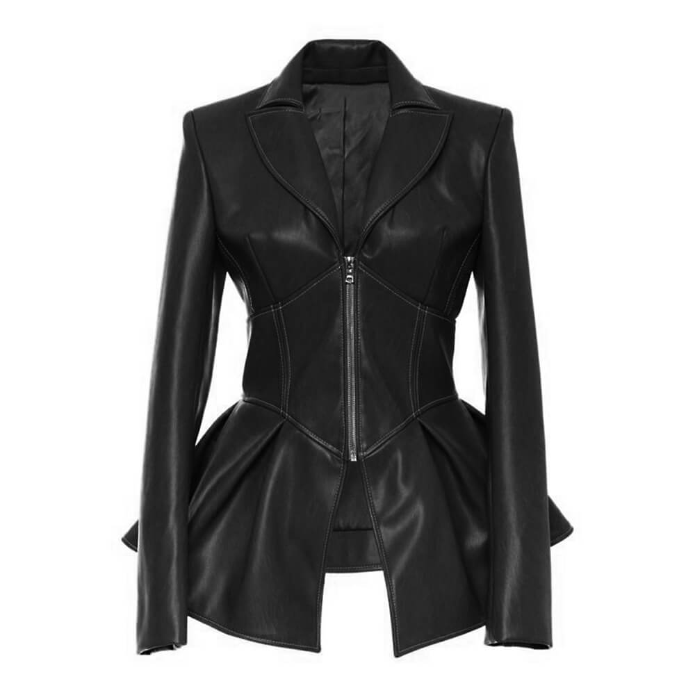 PU Faux Leather Zipper Blazer