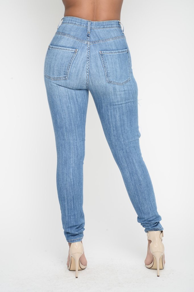 Rough Holes Cut Out High Waist Long Skinny Jeans Denim Pants