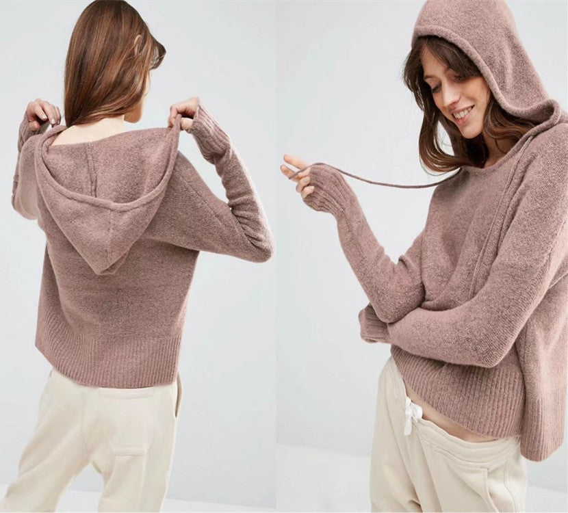 Pure Color Hood Long Sleeves Scoop Hooded Sweater