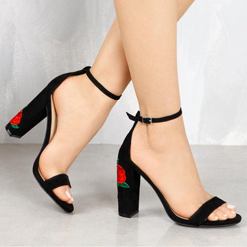 Embroidery Chunky Heels Open Toe Ankle Wrap Sandals