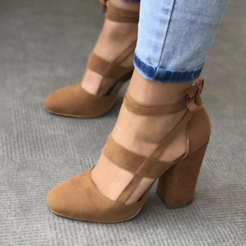 Round Toe Ankle Wrap Lace Up Chunky Heels