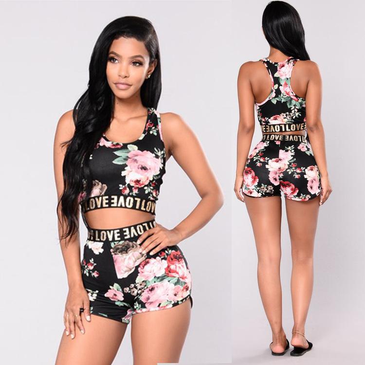 Flower Print Letter Tank Top with Skinny Shorts Two Pieces Set