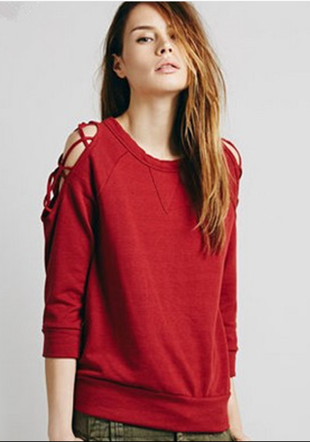 3/4 Sleeves Scoop Pullover Slim Solid Color Sweatshirt - May Your Fashion - 1
