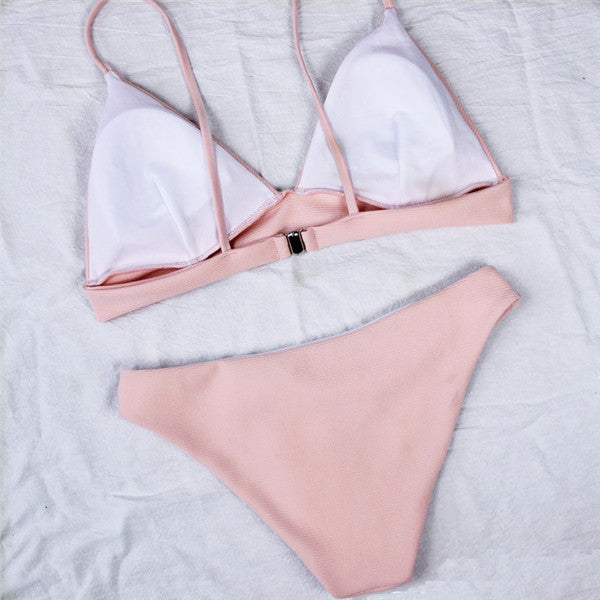 Spaghetti Straps V-neck Candy Color Bikini Set