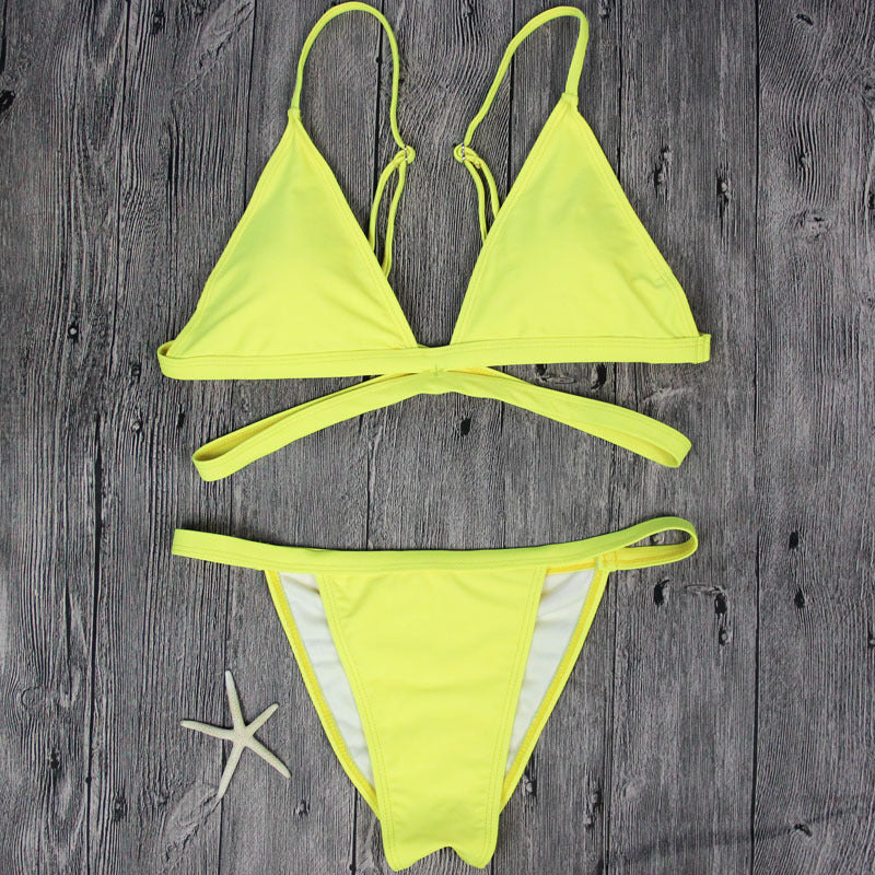 Sexy Yellow Bandage Straps V-neck Bikini Set