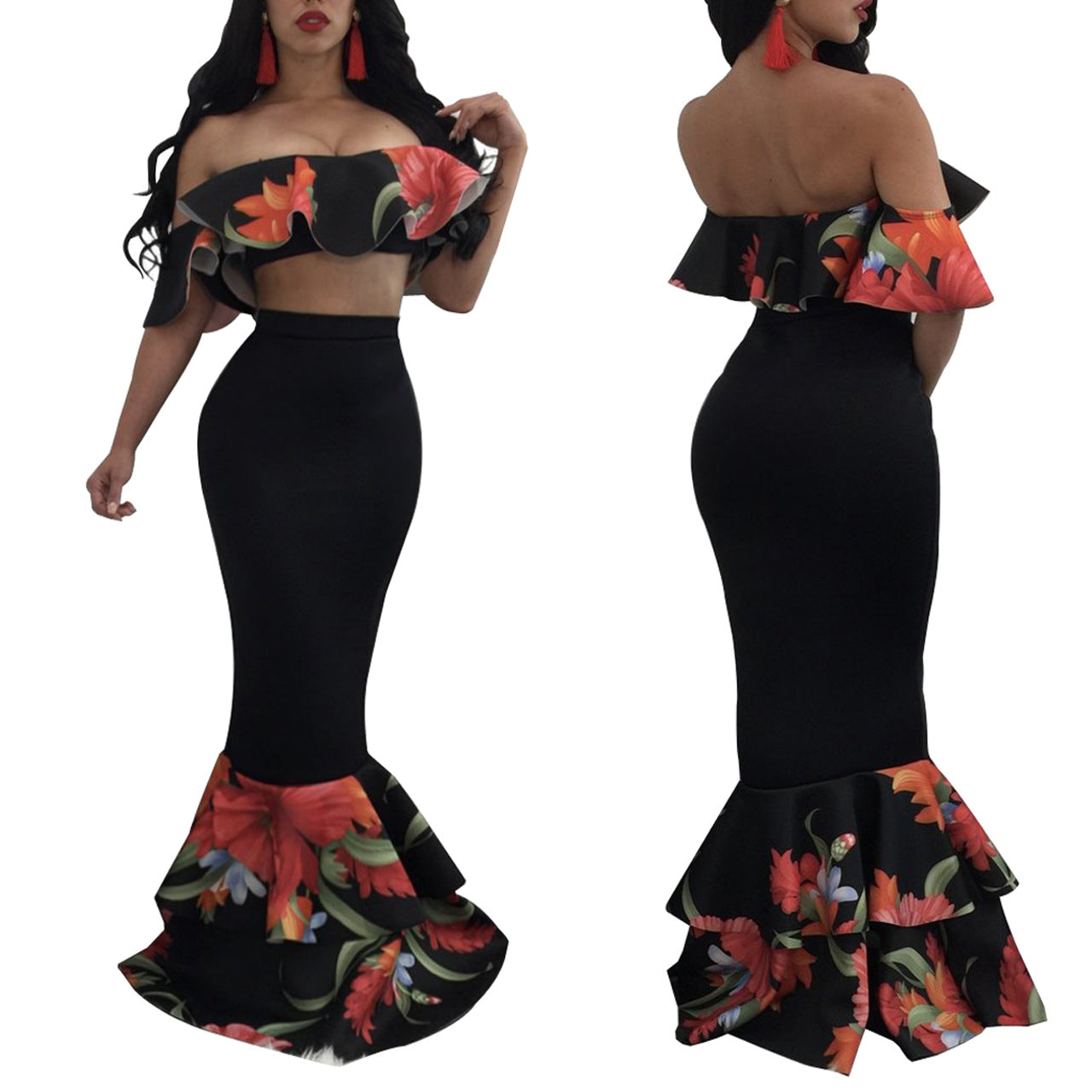 Flower Print Ruffles Crop Top with Mermaid Skirt Two Pieces Dress Set