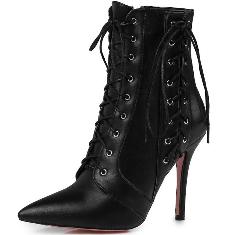 Lace Up Pointed Toe Stiletto High Heels Short Boots