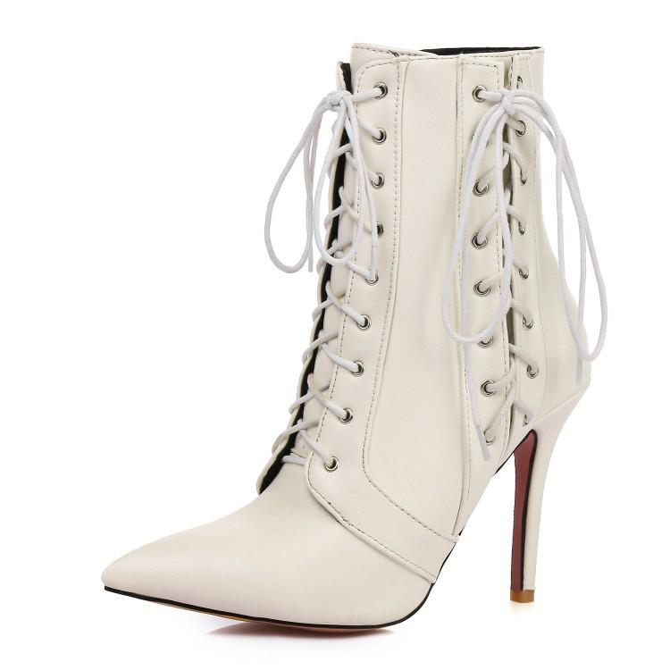 Lace Up Pointed Toe Stiletto High Heels Short Boots