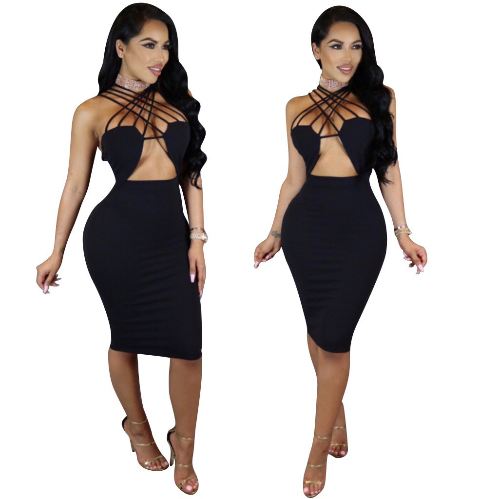 Spaghetti Straps Cross Backless Bodycon Knee-Length Dress