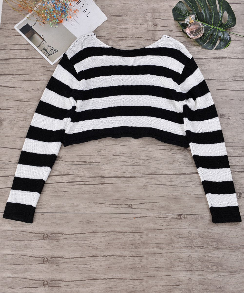 Long Sleeves Stripes Big Scoop Solid Color Short Crop Sweater