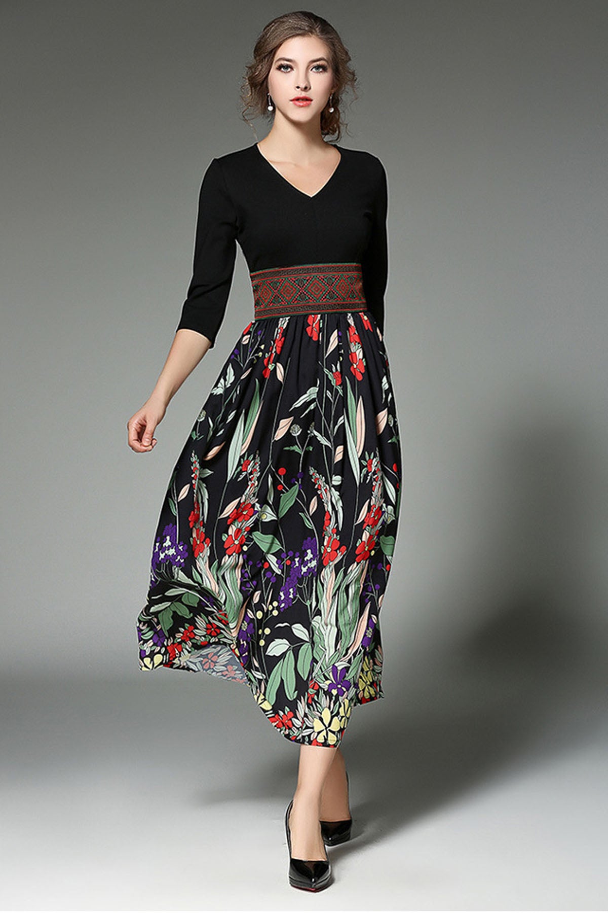 Print Half Sleeves Chiffon High Waist Tee-length Dress