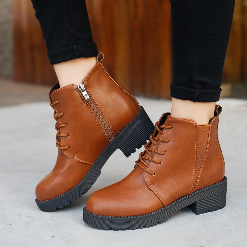 British Style Round Toe Lace Up Side Zipper Short Martin Boots