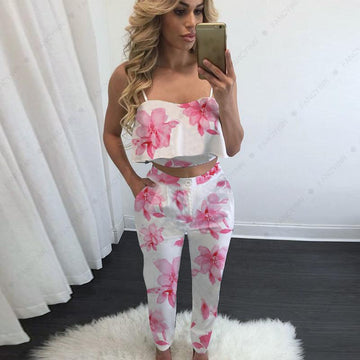 Leaf Print Ruffles Crop Top with High-waist Skinny Pants Two Pieces Set
