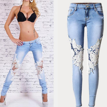 Lace Patchwork Hollow Low Waist Straight Jeans - Meet Yours Fashion - 1