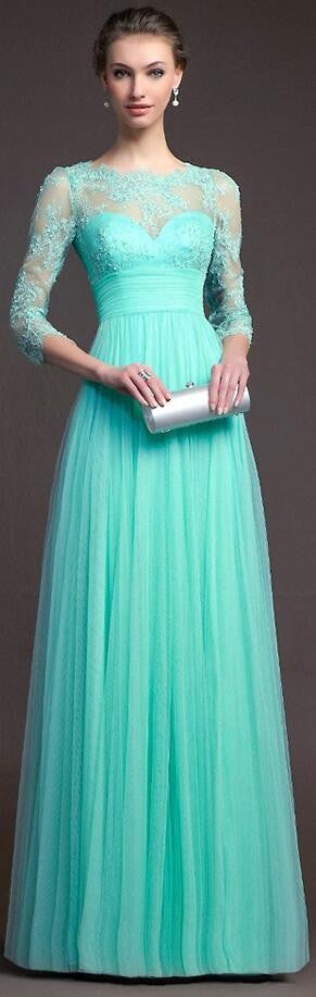 Beautiful 3/4 Sleeve Lace Pleated Long Party Dress