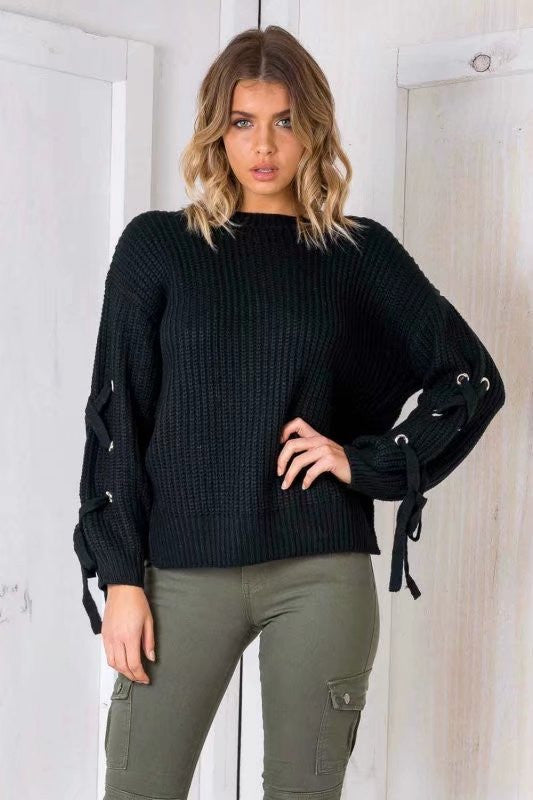 V-neck Pure Color Loose Long Sleeves Regular Sweater