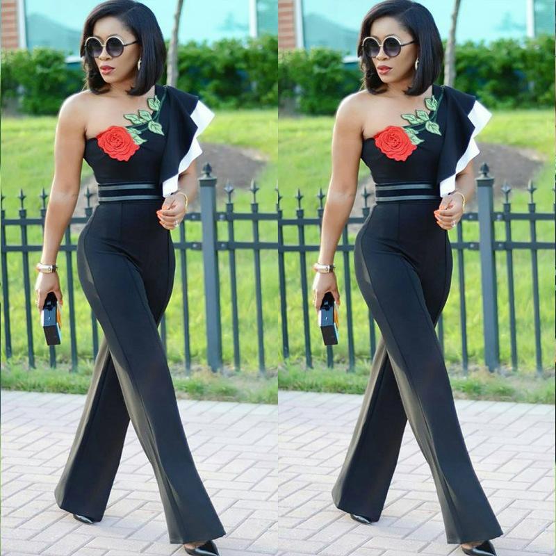 One Shoulder Embroidery Flower Long Wide Leg Jumpsuits