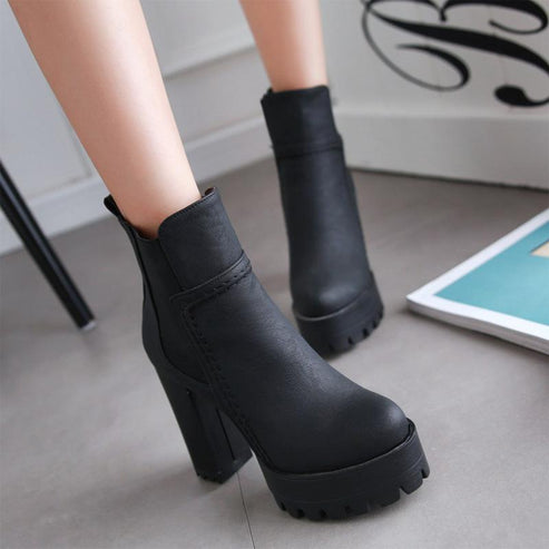 Patchwork Platform Solid Color High Chunky Heel Short Boots