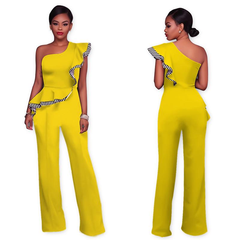 One Shoulder High Waist Pure Color Falbala Long Wide Leg Jumpsuits