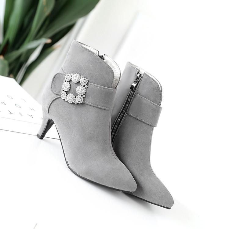 Crystal Pointed Toe Middle Heel Short Boots