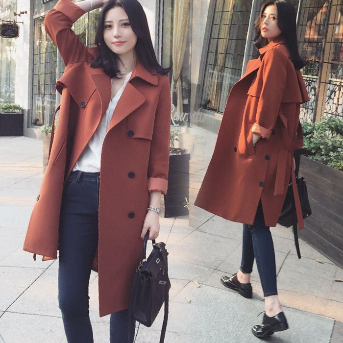 Pure Color Double Breasted Long Sleeves Slim Long Coat