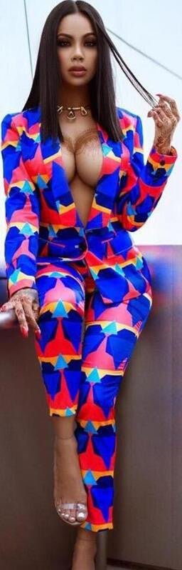Sexy Colorful Geometric Print Blazer and Pants Two Pieces Set