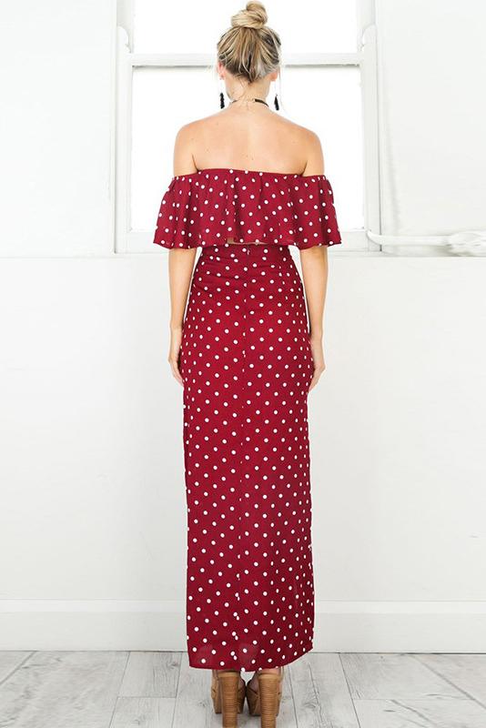 Print Ruffles Dot Crop Top with Split Skirt Two Pieces Dress Set