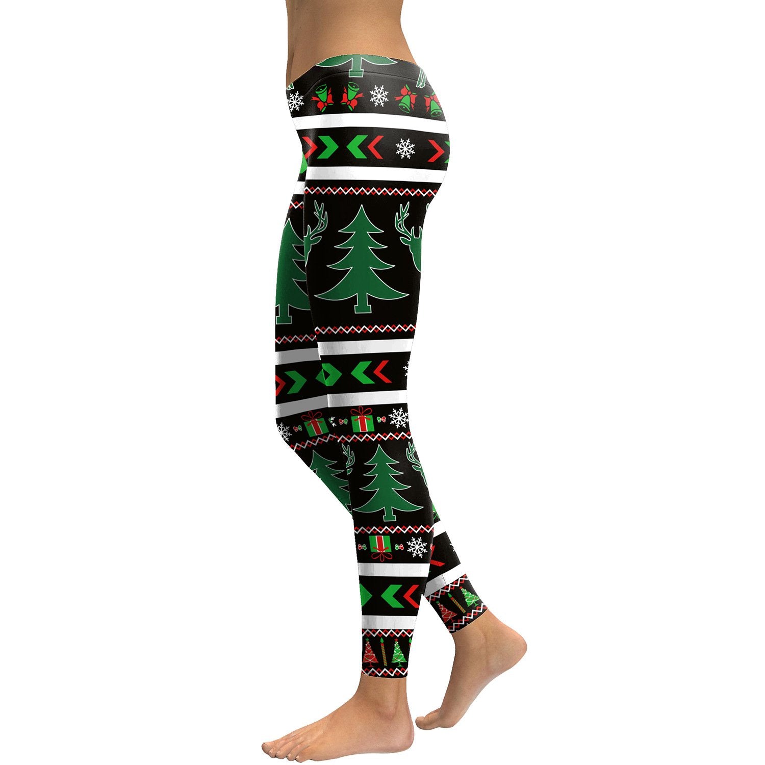 Reindeer Print Stripe Women Elastic Skinny Legging
