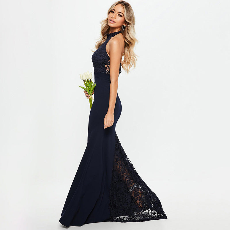 Hollow-Carved Lace Halter Mermaid Dress