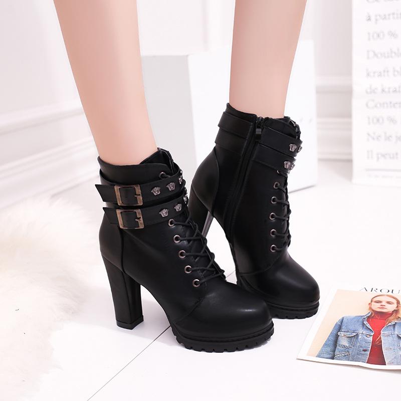 Rivets Hasp Straps Platform Lace Up High Chunky Heel Ankle Martin Boot