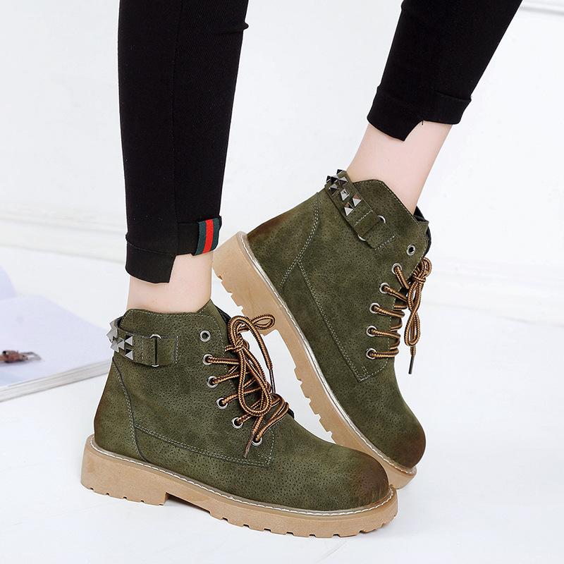 Rivets Round Toe Lace Up Low Chunky Heel Ankle Martin Boots