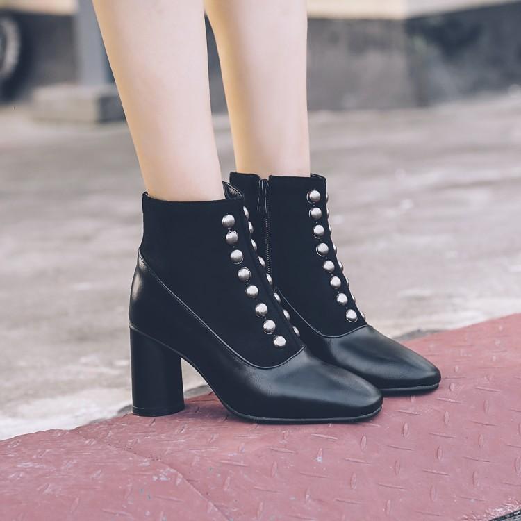 Square Toe Rivets Decorate Side Zipper Middle Chunky Heel Short Boots