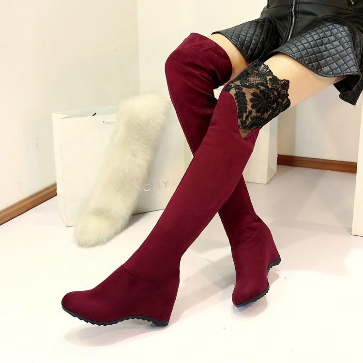 Lace Patchwork Inside Wedge Heel Over-knee Long Boots