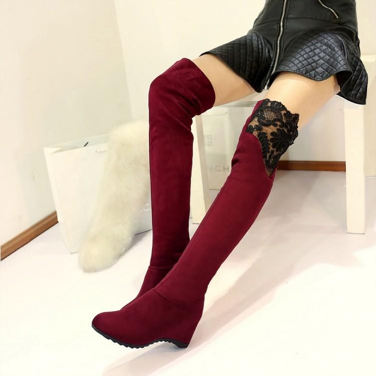 Lace Patchwork Inside Wedge Heel Over-knee Long Boots