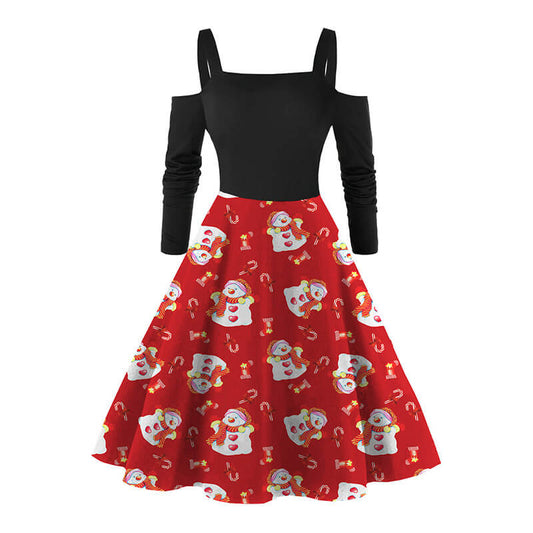 Christmas Retro Cold Shoulder Print Dress