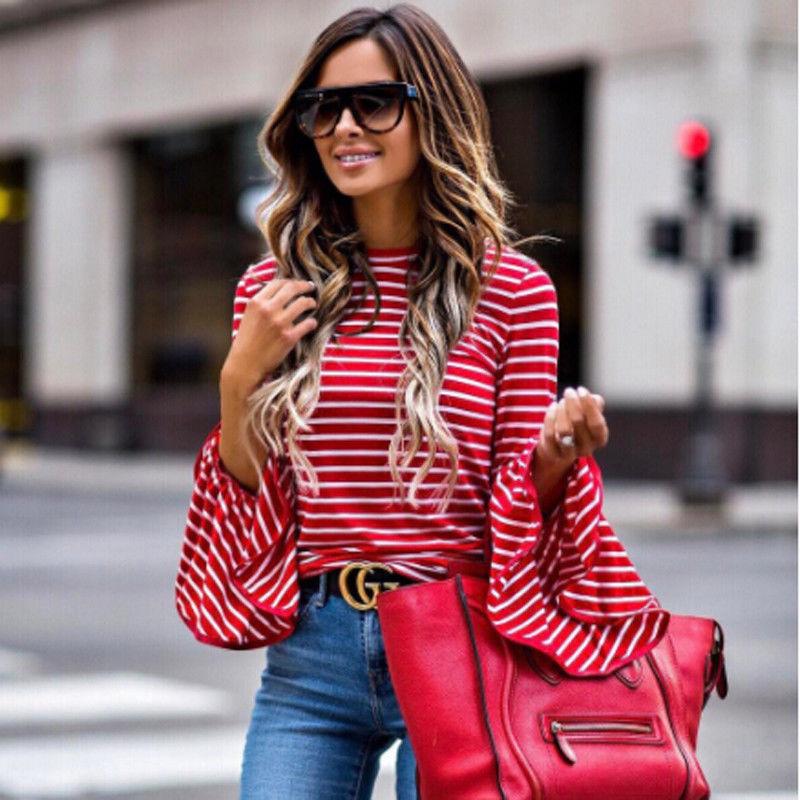 Striped Long Trumpet Sleeves Regular Blouse