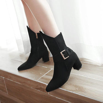 Solid Color Pointed Toe Hasp Low Chunky Heel Half Irregular Boots