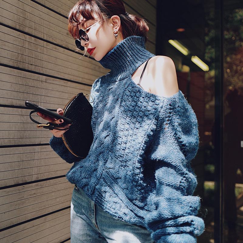 Bare Shoulder Cable Knit Turtleneck Loose Women Pullover Sweater